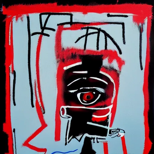 Prompt: Morning. Sunlight is pouring through the window lighting the face of a young sad man holding a red cup of coffee. A new day has dawned bringing with it new hopes and aspirations. Painted in the style of Basquiat, 1982