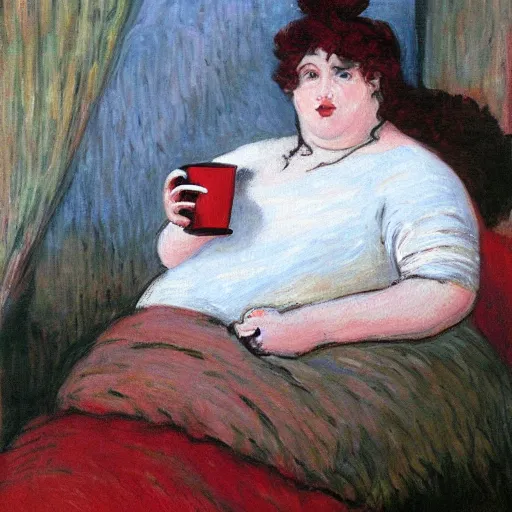 Image similar to a painting of a beautiful fat woman drinking coffee in a bed with white sheets in the style of Monet