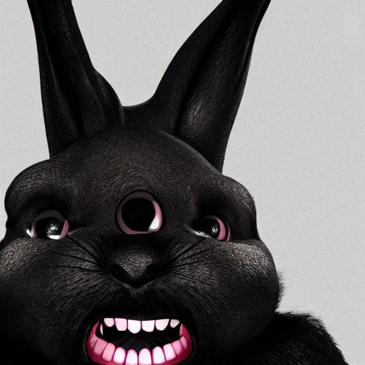 Image similar to A extremely highly detailed majestic hi-res beautiful, highly detailed head and shoulders portrait of a scary terrifying, horrifying, creepy evil black cartoon rabbit with scary big eyes, earing a shirt laughing in the style of Walt Disney