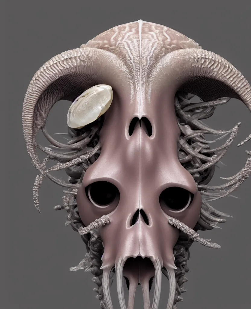 Image similar to goddess princess face close-up portrait ram skull. hard surface modelling zbrush and octane render. jellyfish phoenix head, nautilus, orchid, skull, betta fish, bioluminiscent creatures, intricate artwork by Tooth Wu and wlop and beeple. octane render, trending on artstation, greg rutkowski very coherent symmetrical artwork. cinematic, hyper realism, high detail, octane render, 8k