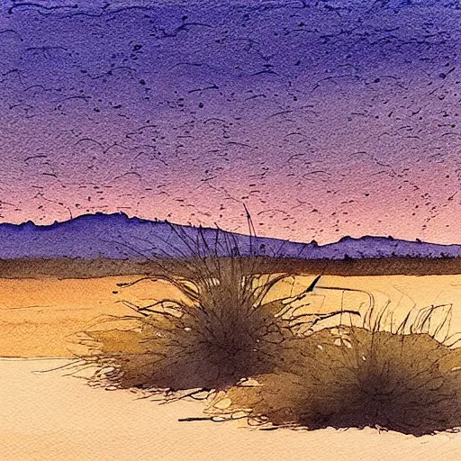 Image similar to desert landscape painting at twilight, watercolor, pen and ink, intricate lines, elegant, extreme detail, smooth, sharp focus, art by greg rutowski and vermeer and edward church