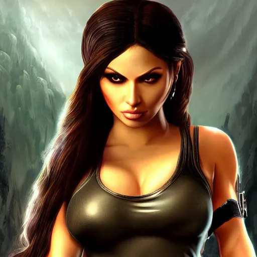 Image similar to portait princess haifa wehbe as lara croft angel of darkness cover, centred, very long hair, hd, unreal engine, art digital painting, amazing background theme