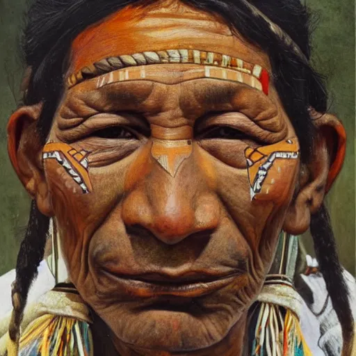 Prompt: high quality high detail painting by lucian freud, hd, portrait of a indigenous tribe leader with colored face, photorealistic lighting
