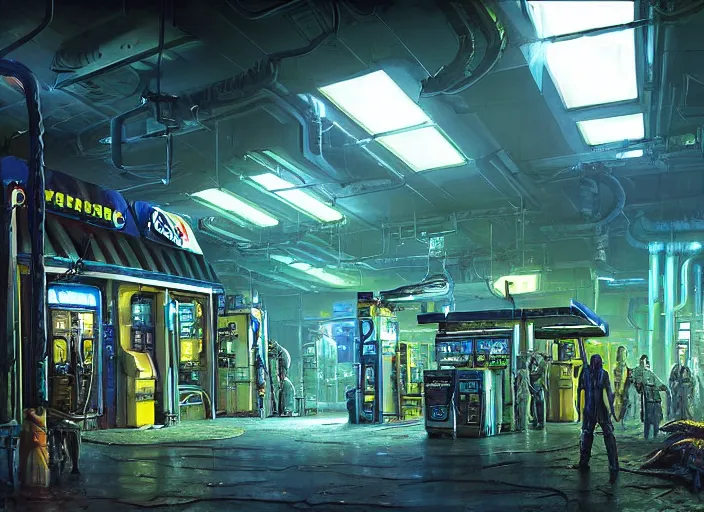 Image similar to scene inside a gas station with harsh fluorescent blue-white-green industrial lighting, giant monstrous aggressive spiked creature screaming at the camera, spikes like needles, needles, thin spikes, epic science fiction horror digital matte painting by Steve Henderson and Mark Brooks (and Greg Rutkowski), extremely detailed, artstation