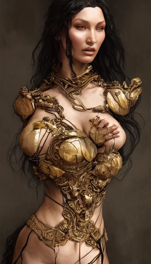 Prompt: ancient scorceress, bella hadid, bold, passionate, seductive, expressive, charismatic, very sweaty, intricate fashion clothing, insane, intricate, highly detailed, digital painting, artstation, concept art, surrealistic, smooth, sharp focus, illustration, unreal engine 5, 8 k, art by artgerm and greg rutkowski and alphonse mucha