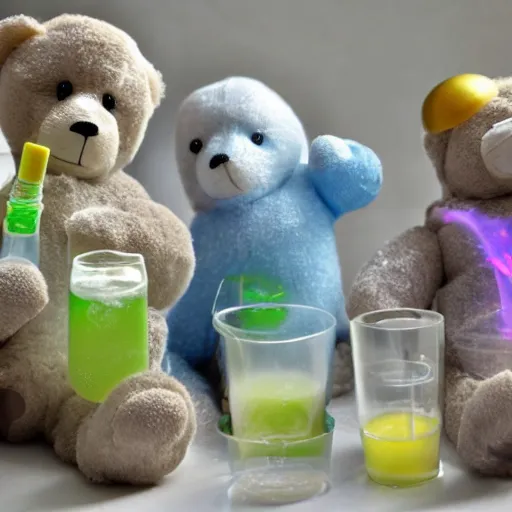 Prompt: teddy bears mixing sparkling chemicals as mad scientists