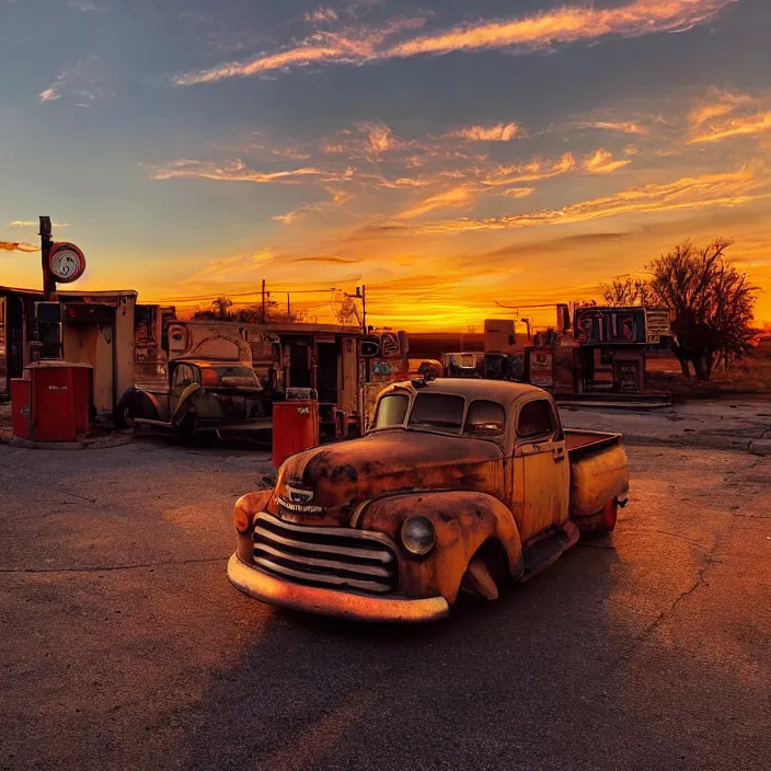 Image similar to a sunset light landscape with historical route 6 6, lots of sparkling details and sun ray ’ s, blinding backlight, smoke, volumetric lighting, colorful, octane, 3 5 mm, abandoned gas station, old rusty pickup - truck, beautiful epic colored reflections, very colorful heavenly, softlight