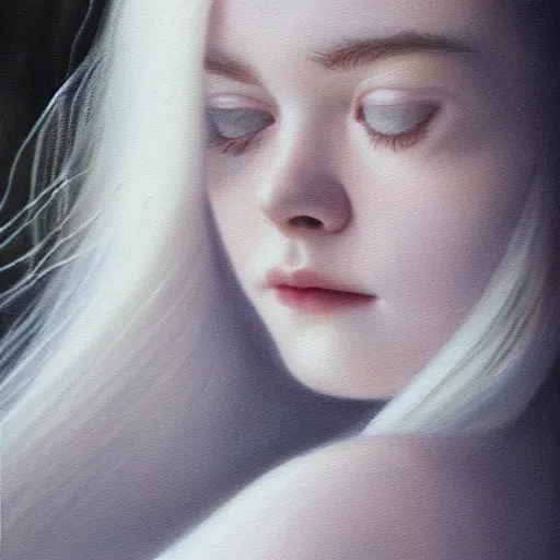 Prompt: Painting of Elle Fanning dreaming, long blonde hair, delicate, pale milky white porcelain skin, by Quint Buchholz. 8K. Extremely detailed.