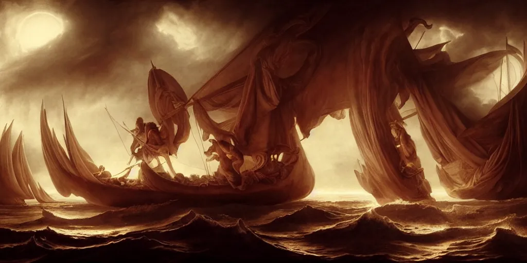 Image similar to Odysseus's ship sailing past the gates of Hell, by Rolf Armstrong and Evelyn De Morgan and Bastien Lecouffe-Deharme, dramatic lighting, high contrast colors, baroque, empyrean, panoramic view, as trending on Artstation, highly detailed, doom engine,