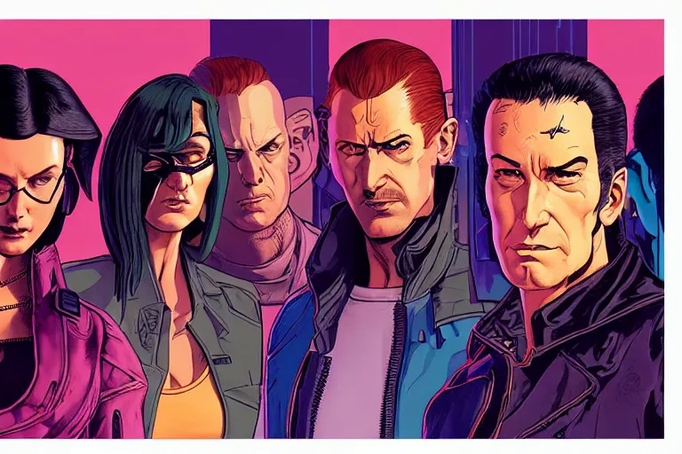 Image similar to cyberpunk heist crew. portrait by stonehouse and mœbius and will eisner and gil elvgren and pixar. character design. realistic proportions. dystopian. cyberpunk 2 0 7 7 character art, blade runner 2 0 4 9 concept art. cel shading. attractive face. thick lines. the team. diverse characters.