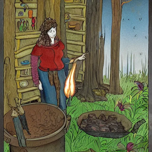 Image similar to the blacksmits’ daughter, working in the forge, fantasy art in the style of Elsa Beskow,