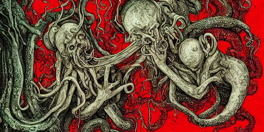 Image similar to cosmic horror, hd, music, human, trumpet, musician, biological indicators, cthulhu ( fictional divinity created by h. p. lovecraft ), elegant, drugs, history book, written in red