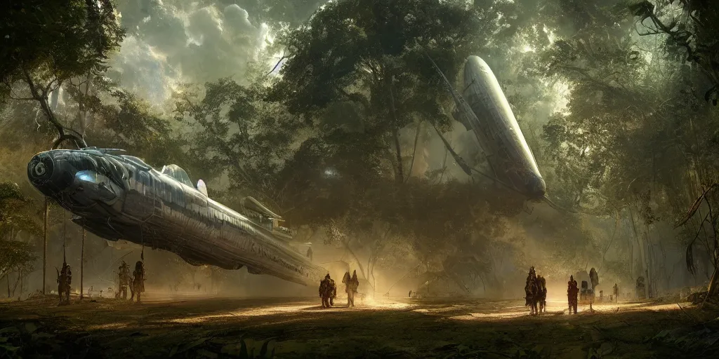 Prompt: airship cyberpunk cinematic masterpiece matte painting, industrial maintenance shuttle vehicle vast botanical gardens, forest, jungle, fps, cinematography, photo, photography, 4 k, by greg rutkowski, roger deakins