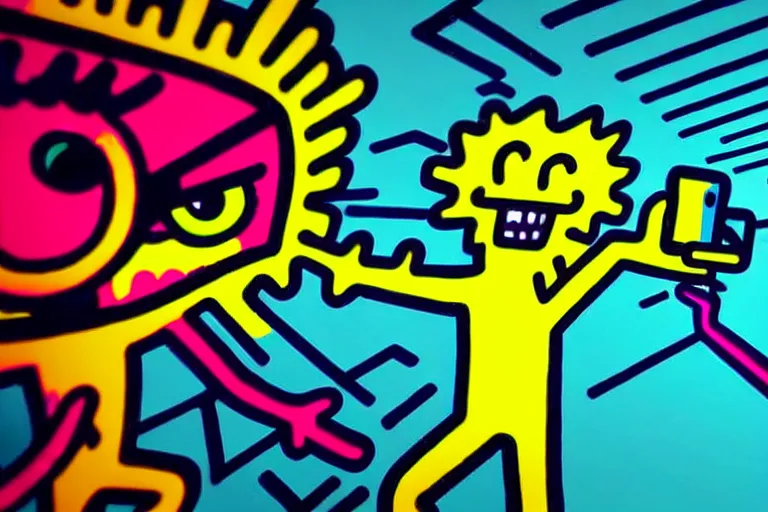 Image similar to someone taking a selfie smiling during the apocalypse, bright neon colors, intricate details, complementary colors, detailed face, backlighting, octane render, depth of field, extremely detailed, trending in artstation, focus on face, sharp focus, radiant light, beautiful composition, drawn by roy lichtenstein, keith haring, romero britto