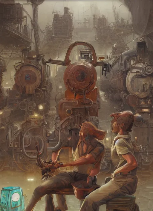 Prompt: the shunting scene in Society (1989), highly detailed, centered, solid color background, digital painting, artstation, concept art, smooth, sharp focus, illustration, peter mohrbacher, donato giancola, Joseph Christian Leyendecker, Les Edwards, Ed Repka, Basil Gogos, WLOP, Artgerm