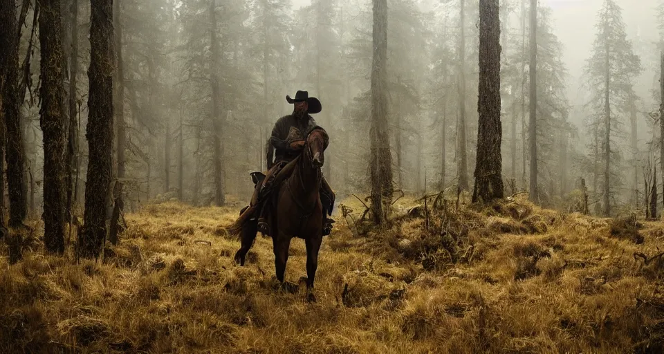 Image similar to First official image from Alejandro Landes' new western film Moss and Lead. Filmed by Jasper Wolf on ALEXA Mini, Vantage One T1 lens in Oregon's Siuslaw National Forest. Starring Gleeson. Cinematography, contrast, nighttime.