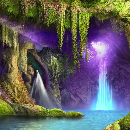 Prompt: a mystical waterfall cave with amethysts, lilac sunrays, highly detailed matte painting, 8 k