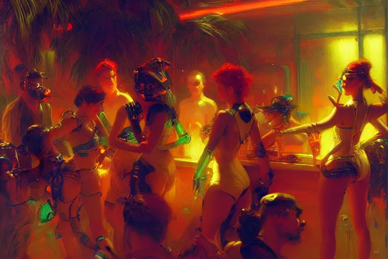 Image similar to futuristic techno party, summer, neon light, painting by gaston bussiere, craig mullins, j. c. leyendecker