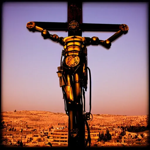 Prompt: lomo photo of a tormented steampunk robot crucified at dusk in ancient jerusalem