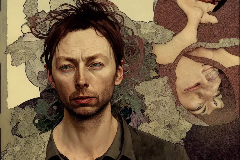 Image similar to hyper realistic portrait of ( thom ) ( yorke ) ( radiohead ) singer songwriter, side, liminal space, by lee bermejo, alphonse mucha and greg rutkowski