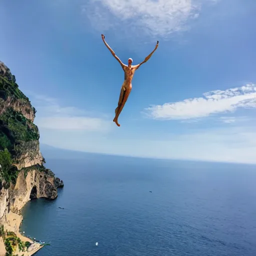 Prompt: photograph of Dr Manhattan floating in the air above the Amalfi Coast