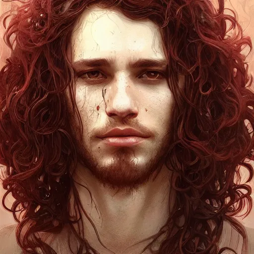 Image similar to young man with long curly brown hair and blood dripping down his face , face, detailed, intricate, elegant, highly detailed, digital painting, artstation, concept art, smooth, sharp focus, illustration, art by Krenz Cushart and Artem Demura and alphonse mucha