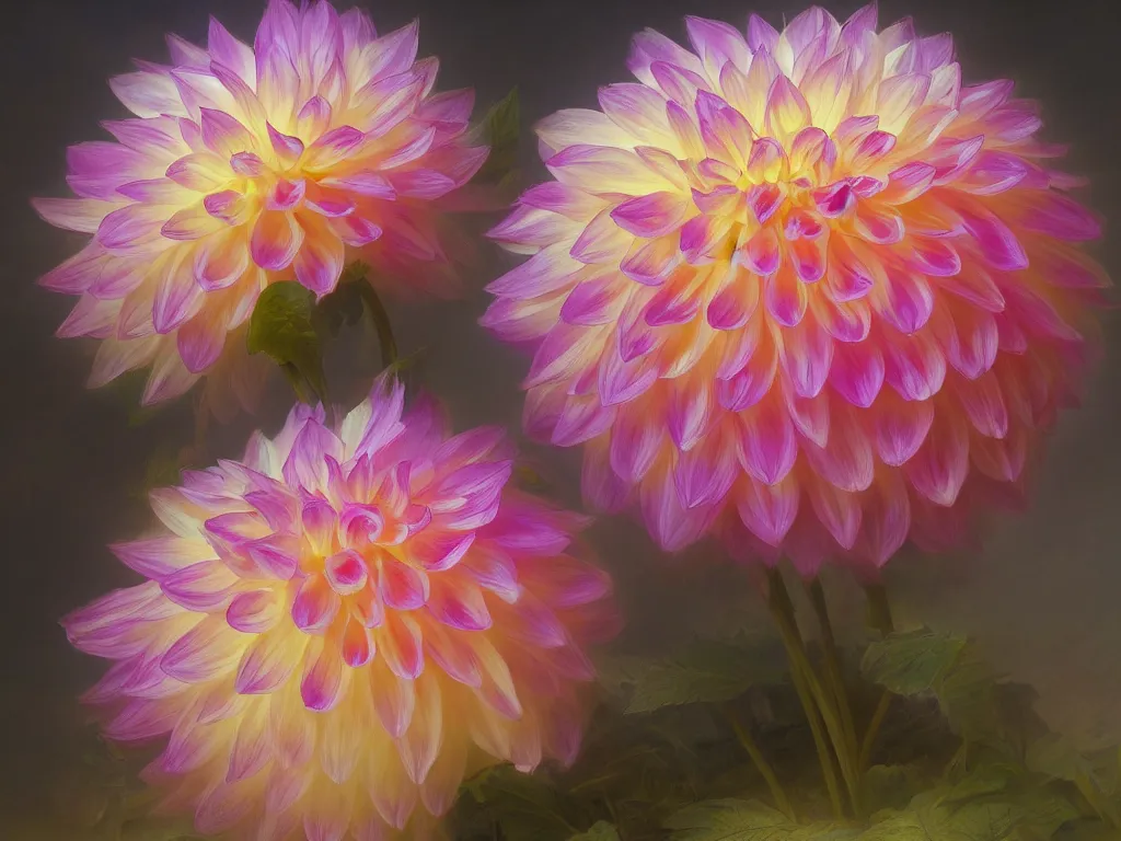 Prompt: Iridescent dahlia, sunlight study, by Rachel Ruysch and Ivan Aivazovsky, 4k