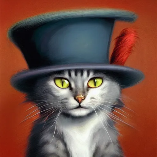 Prompt: an ultra - realistic portrait painting of the cat in the hat in the style of frank frazetta. 4 k. ultra - realistic. highly detailed. dark fantasy. epic lighting.