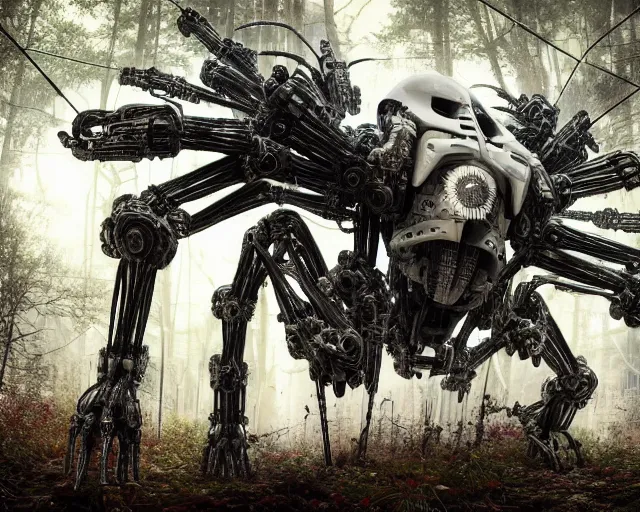 Image similar to photo of a giant huge white terminator spider with heavy duty biomechanical hydraulic cybernetic body with antennas and visor cogs and gears and components in the forest. cyberpunk horror style. highly detailed 8 k. intricate. nikon d 8 5 0 5 5 mm. art by hr giger. award winning photography.