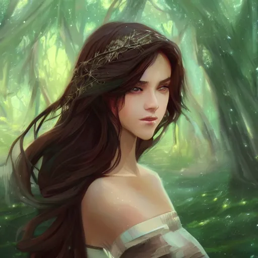 Image similar to portrait of a young beautiful woman with long dark brown hair, green eyes, tan skin, wearing a medieval fantasy outfit, forest landscape, nightime, fantasy, ambient lighting, 4k, anime key visual, charlie bowater, lois van baarle, ilya kuvshinov, rossdraws, artstation