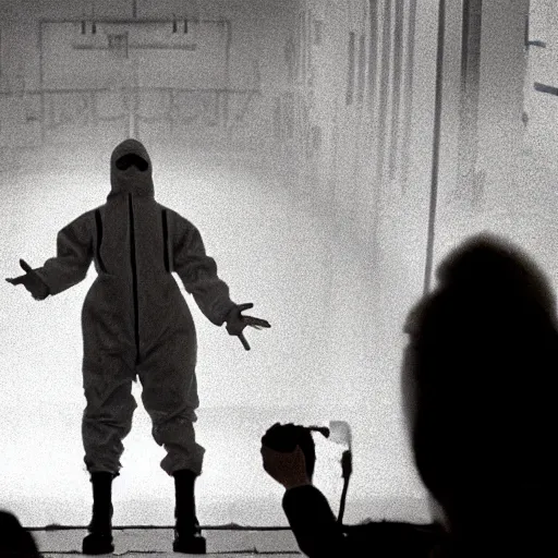 Prompt: a man wearing a hazmat suit, cheering, film still, Panavision PSR-200 35mm