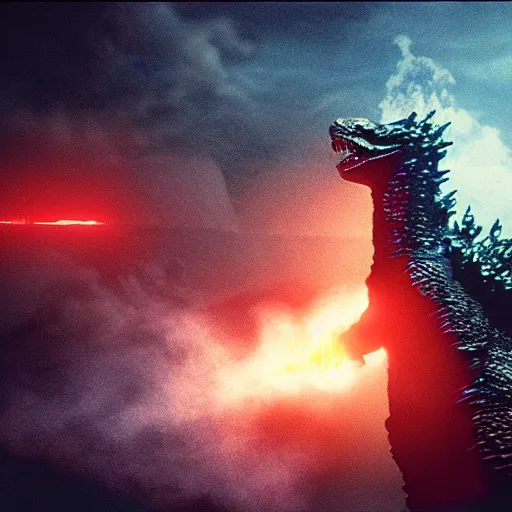 Prompt: godzilla exhaling a large hit from his bong, movie still, cinematic lighting
