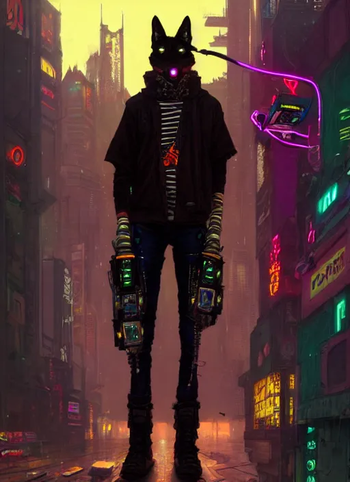 Image similar to anthropomorphic coyote character wearing black cyberpunk skater clothes with neon highlights in a cyberpunk city. Renowned character illustration by greg rutkowski, thomas kindkade, alphonse mucha, loish, norman rockwell. Trending on artstation 4k. Highly detailed. Digital art.