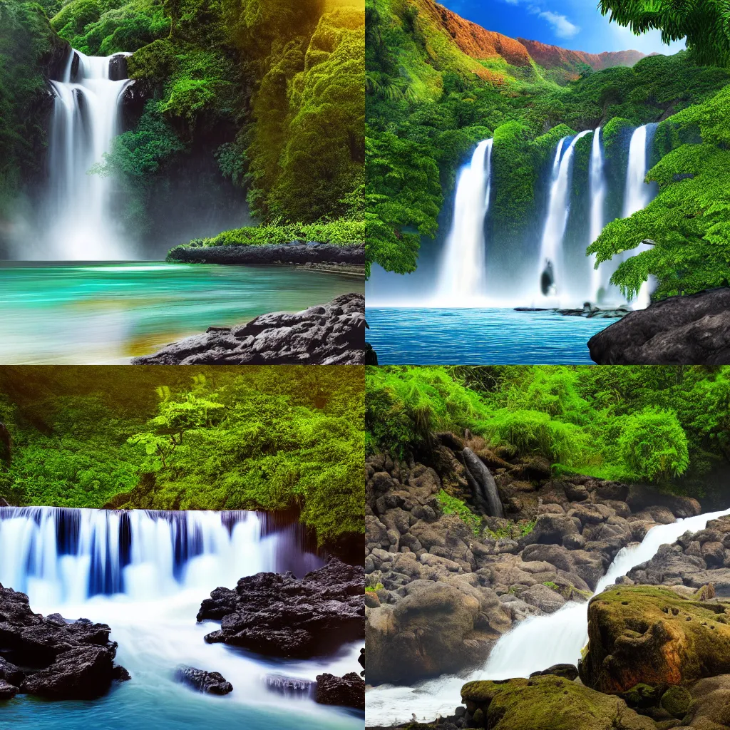 Prompt: beautiful hawaiian waterfall in a scenic river landscape, 8k resolution photoillustration hyperrealism, concept art minimalist