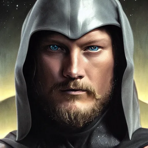 Image similar to Portrait of Travis Fimmel as a sith lord from star wars, full length shot, shining, 8k highly detailed, sharp focus, illustration, art by artgerm, mucha, bouguereau