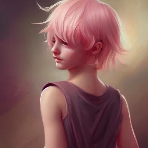 Prompt: young boy, pastel-pink hair, light eyes, gorgeous, amazing, delicate, elegant, intricate, highly detailed, portrait, artstation, concept art, sharp focus, illustration, art by charlie bowater and Ross tran