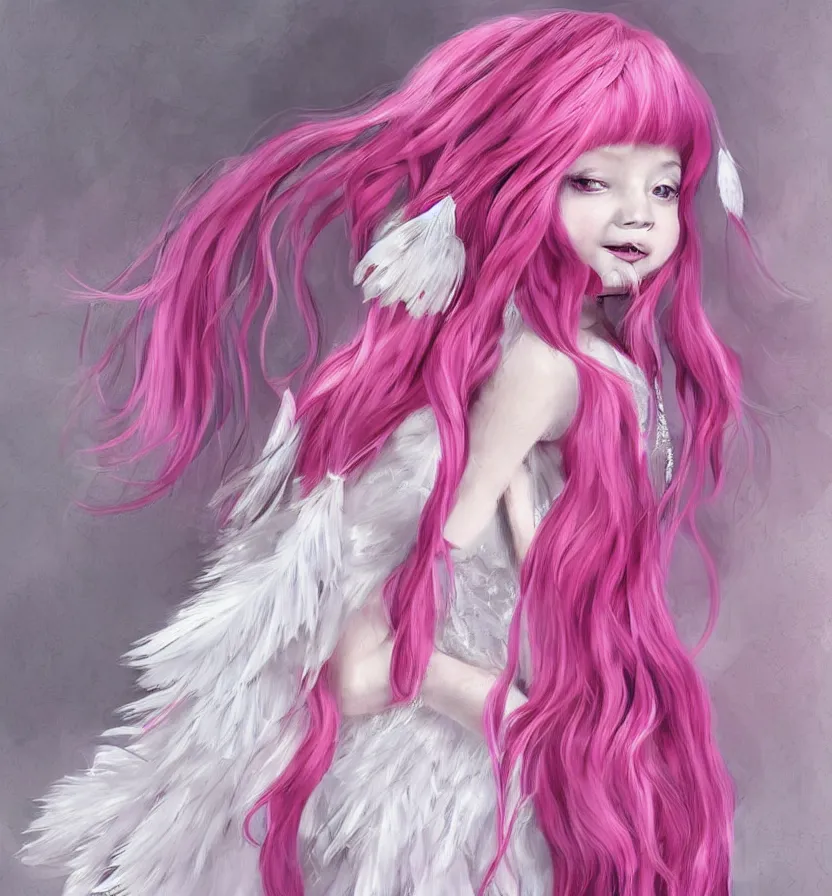 Prompt: little girl with eccentric pink hair wearing a dress made of white feather, art by dcwj