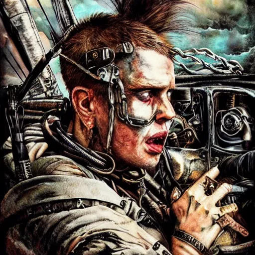 Image similar to mad max rockatansky fury road by brendan mccarthywires cybernetic implants, steelpunk, abandoned steelworks, grime and grunge, in the style of adrian ghenie, esao andrews, jenny saville,, surrealism, dark art by james jean, takato yamamoto