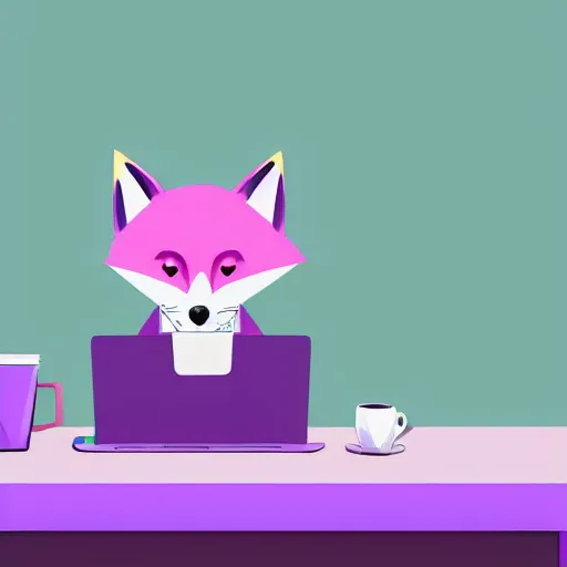 Image similar to A light pink fox with purple hair sits at a desk typing on a laptop with a cup of coffee, digital painting, furry fandom, detailed