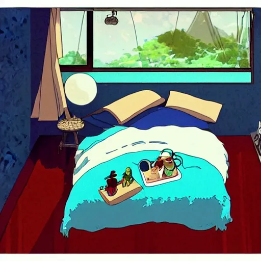 Image similar to a bedroom in the style of studio ghibli