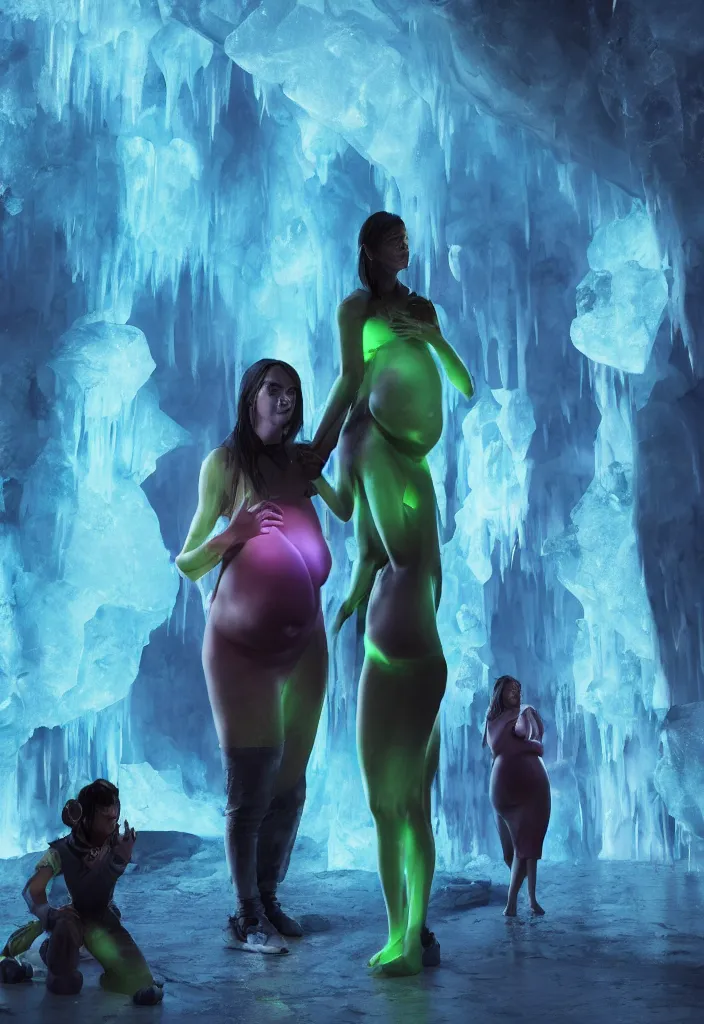 Image similar to epic leader pregnant woman talking to all her tribe with futuristic fluorescence mutant veins, proud people looking at the pregnant woman, ice cave, facinating, fantasy digital art, octane render, beautiful composition, trending on artstation, coherent, masterpiece, photorealistic