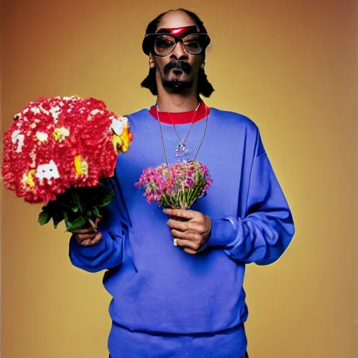 Image similar to Snoop Dogg angry while holding a Vase of flowers for a 1990s sitcom tv show, Studio Photograph, portrait, anger C 12.0