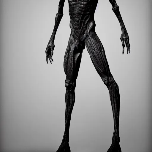 Image similar to standing photorealistic detailed tall skinny humanoid creature, extremly detailed, black and white, 8 k, realistic, sharp focus, cosmic horror creature, cosmic horror