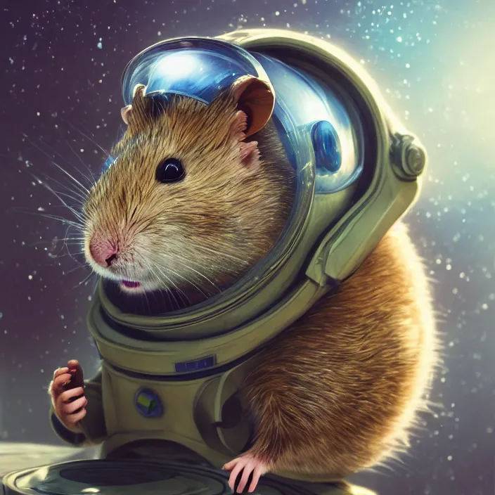 Prompt: very detailed portrait of a majestic hamster, dressed in a spacesuit, sci - fi, futuristic, details, intricate, octane render, redshift, smooth, illustration, fairy lighting, stars and planets in the background, hyperrealistic, by dmitry prozorov, loish, and wlop, trending on artstation, hyperdetailed, hyperrealism