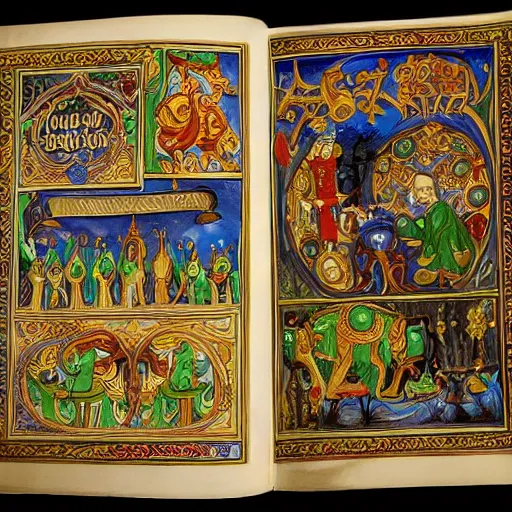 Prompt: an elaborate illuminated manuscript with secret arcane knowledge
