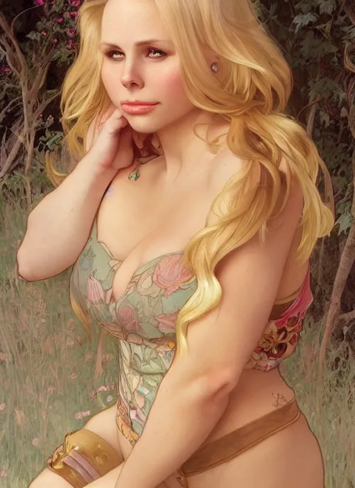 Image similar to beautiful portrait of blonde gianna michaels combined with kristenbell, by magali villeneuve and greg rutkowski and artgerm and alphonse mucha, intricate, elegant, highly detailed, photorealistic, trending on artstation, trending on cgsociety, 8 k, sharp focus