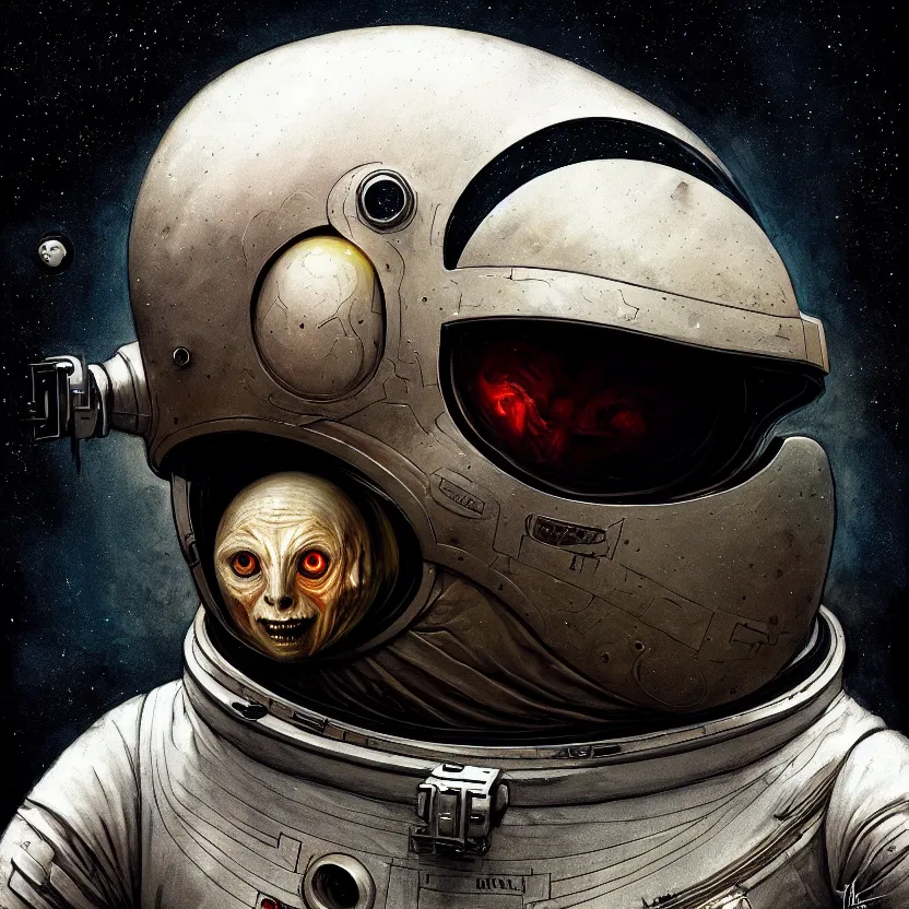 Prompt: epic professional digital art of tormented astronaut in helmet, painted,, terror, leesha hannigan, wayne haag, reyna rochin, ignacio fernandez rios, mark ryden, iris van herpen, best on artstation, best on cgsociety, epic, stunning, gorgeous, much wow, cinematic, masterpiece