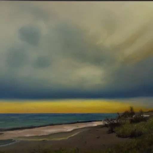 Prompt: sunny day, underlying sense of dread, stormy clouds on the horizon, warm palette, dreary atmosphere, contemporary landscape painting