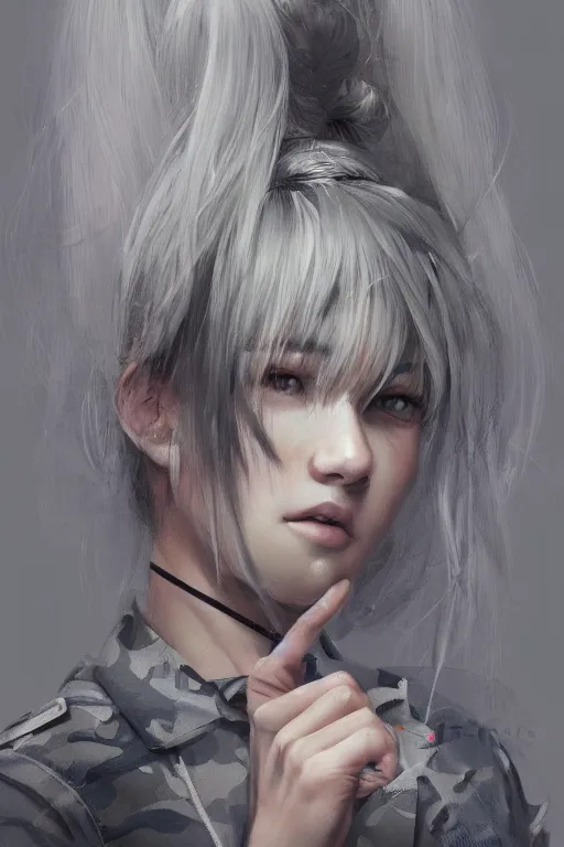 Prompt: girl, silver hair ponytail, multicam ((camo)), posing, (trending on artstation), beautiful face, cinematic full body shot, ilustration by Takehiko Inoue (((((and Yoann Lossel)))))