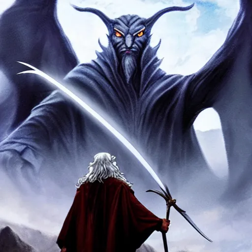 Image similar to Gandalf the Grey on the Bridge of Khazad Dum, a balrog looming in the background, Selfie